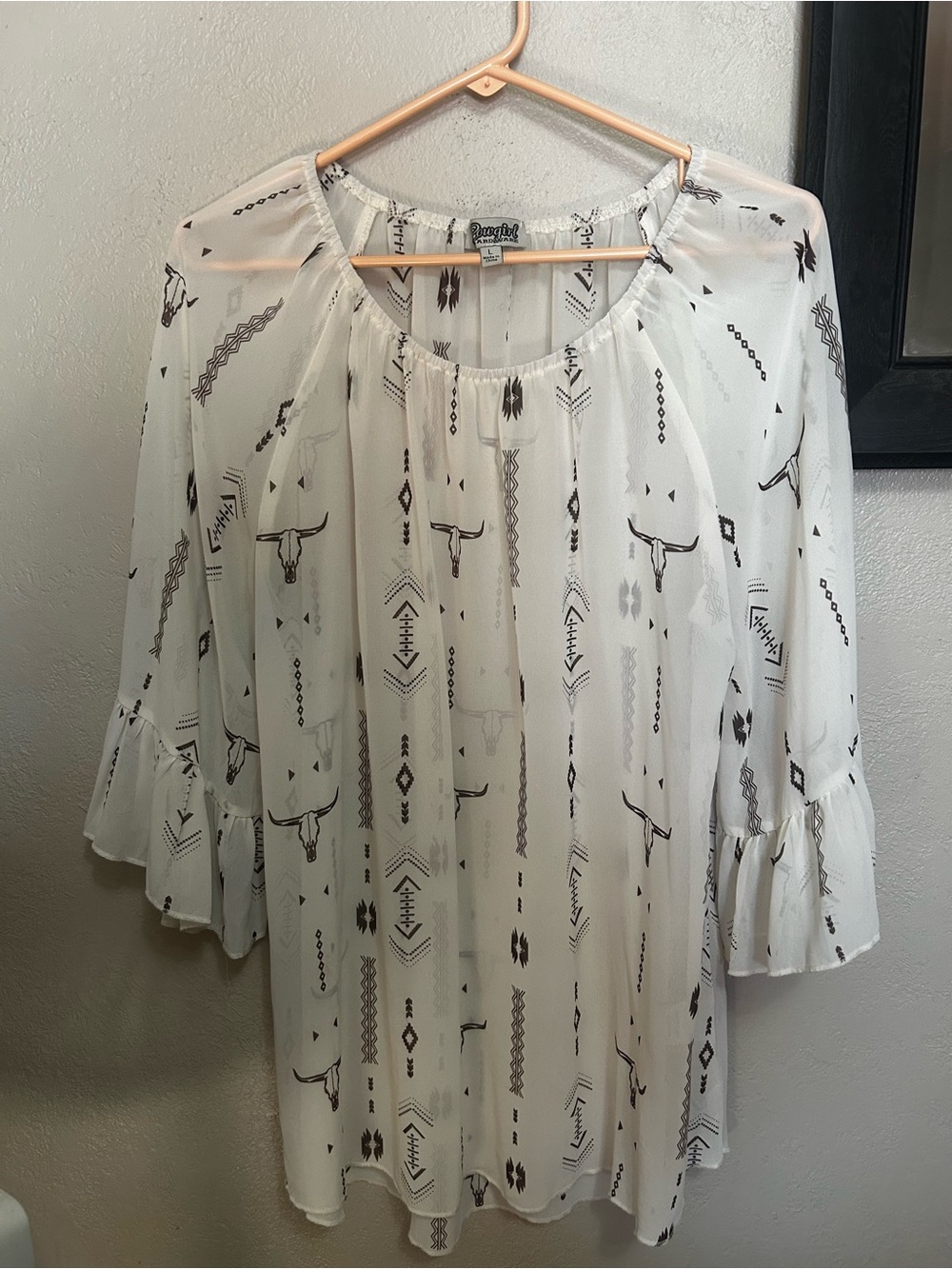 Sheer Ivory Boho Blouse with Brown Aztec Print